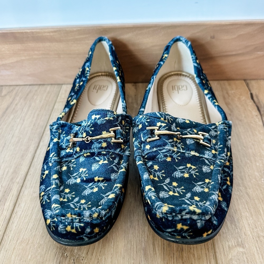 Cabi Womens Size 7 Blue Yellow Floral Velvet Carnaby Loafers Shoes Buckle Flats